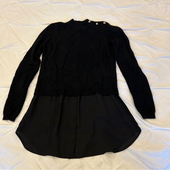 Aqua 100% Cashmere Black Peplum Sweater with Button Detail on Shoulder Medium - Picture 1 of 8